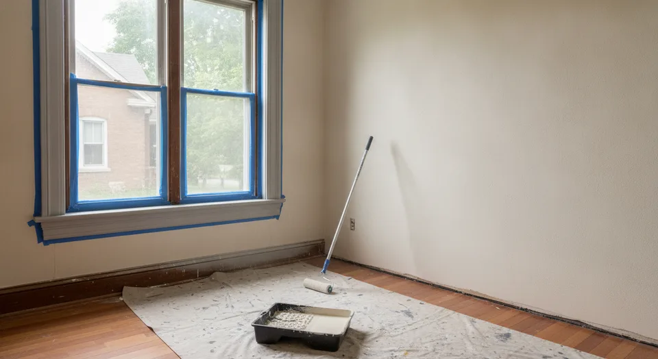 Painter cutting in a freshly painted plaster wall beside original wood trim in an older Kitchener, Ontario house